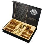 Lot de couverts couleur or 24 pièces : couteaux, fourchettes et cuillères inox
