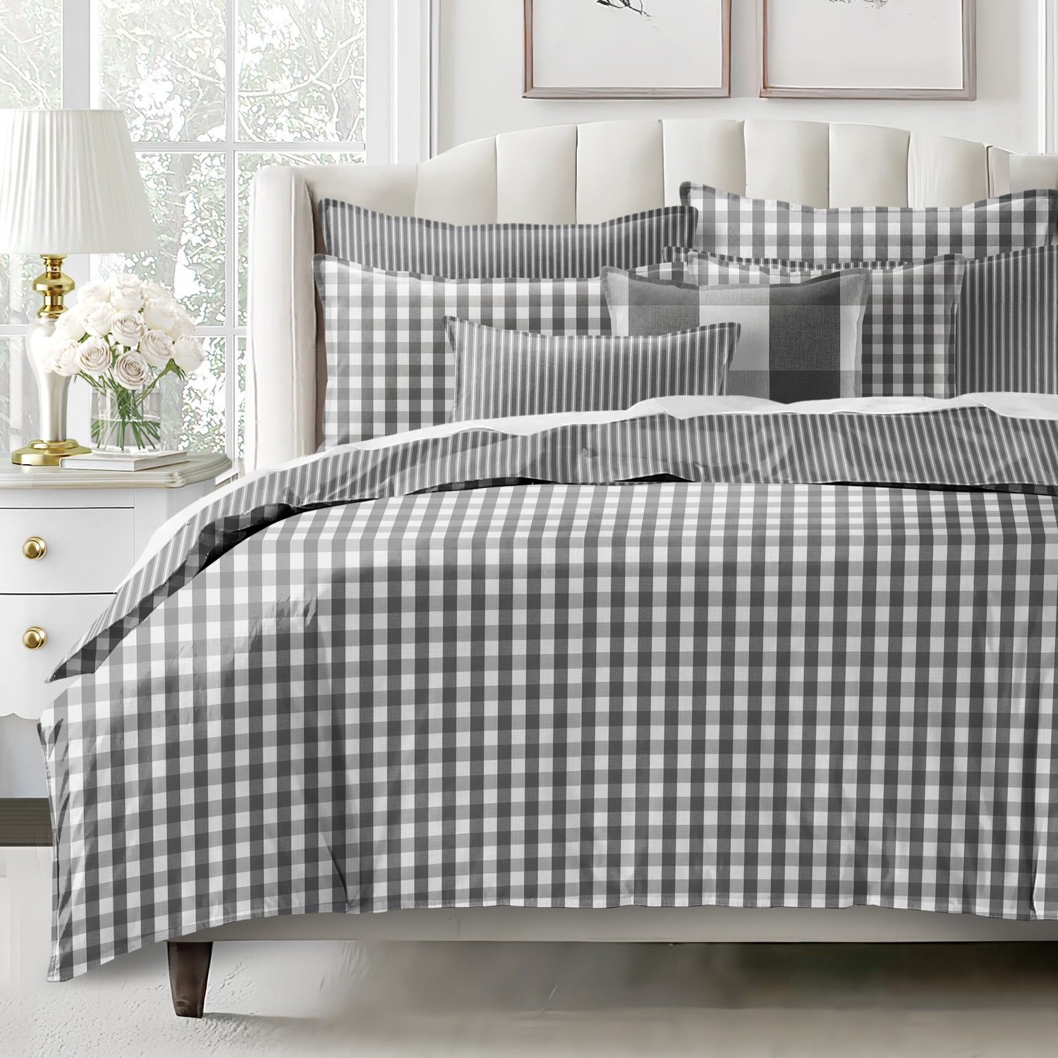 Couvre lit Walker Check gris fabriqué au Canada par Colcha Linens