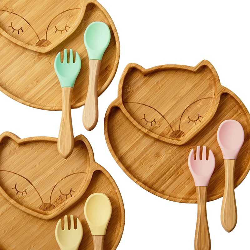 Vaisselle assiette bambou pour bébé avec couverts – Image 5