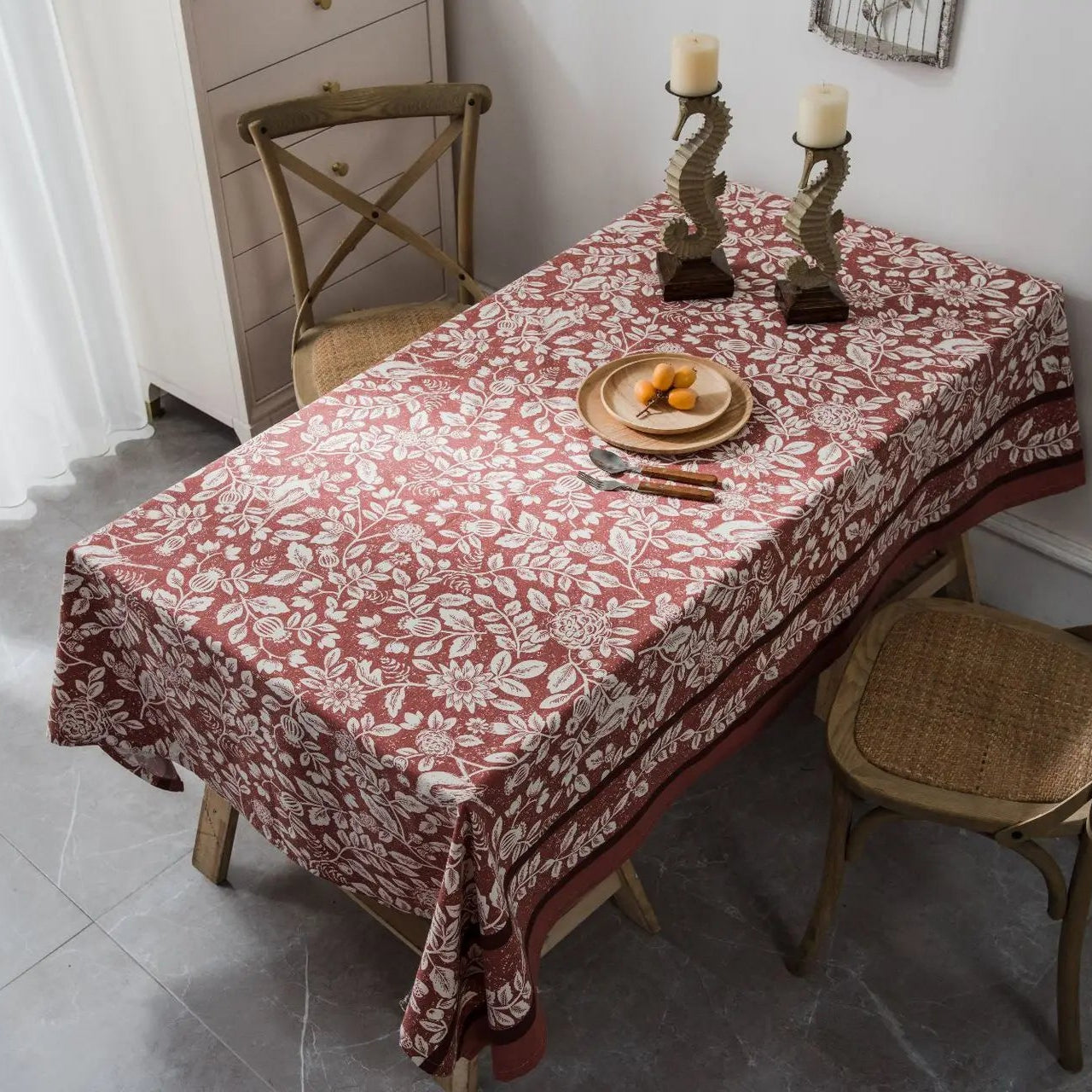 Nappe carrée coton et lin motif floral terracotta – Image 3