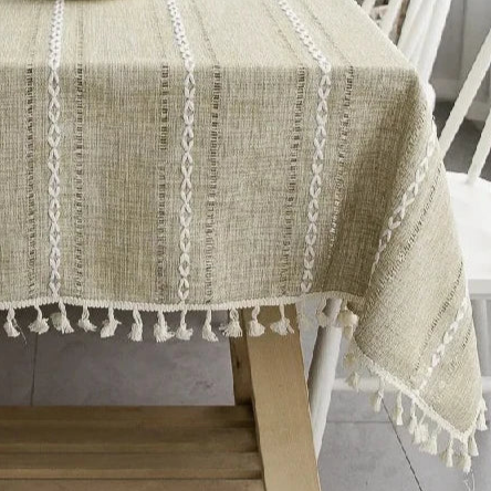 Nappe carrée jacquard coton et lin beige à broderie en relief – Image 5