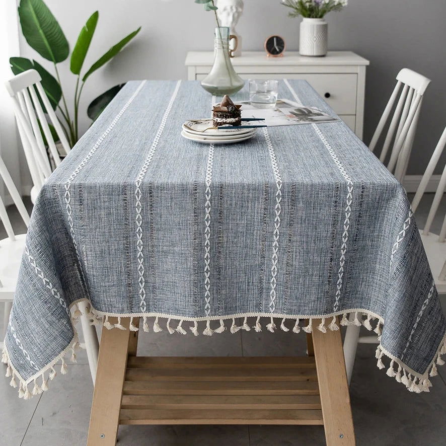 Nappe Jacquard en coton lin bleu brodé relief