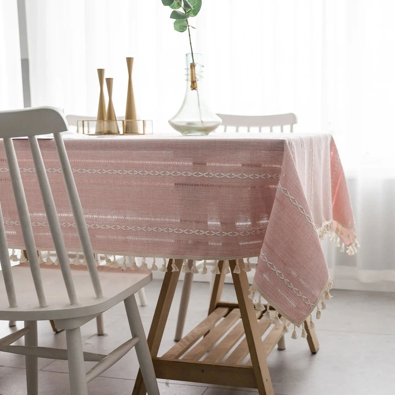 Nappe carrée en jacquard coton-lin rose avec broderie en relief – Image 5