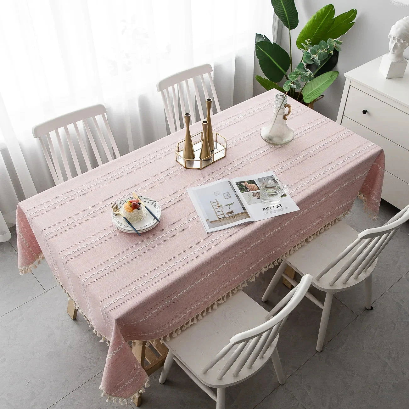 Nappe carrée en jacquard coton-lin rose avec broderie en relief – Image 6