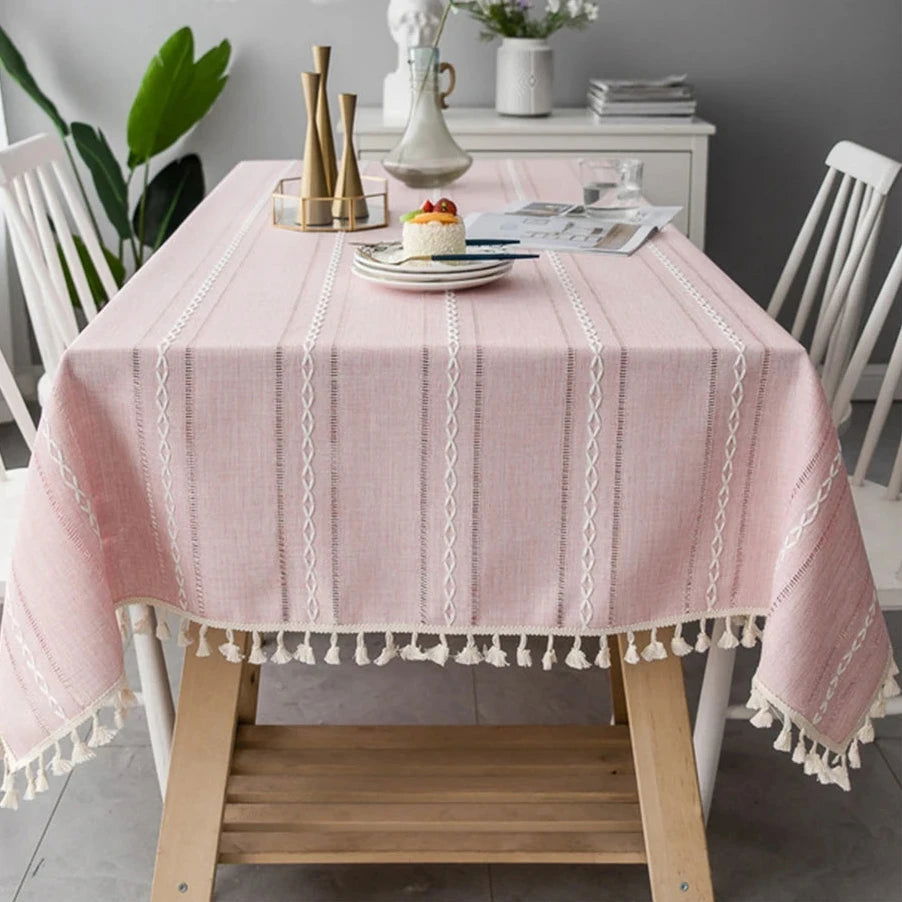Nappe Jacquard en coton lin rose brodé relief