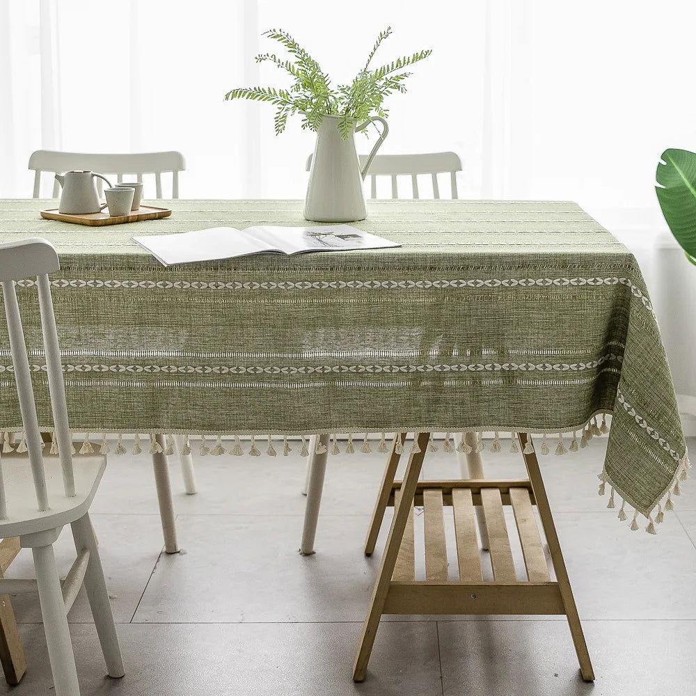Nappe carrée jacquard vert en coton et lin brodé – Image 4