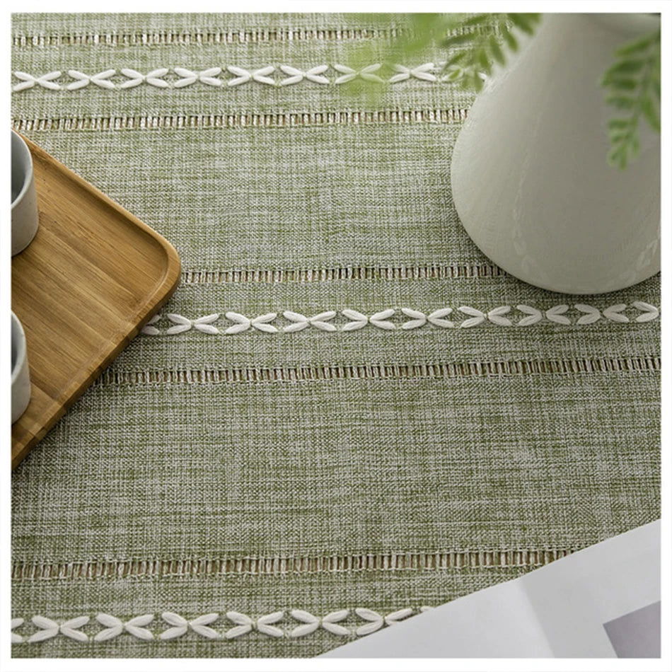 Nappe carrée jacquard vert en coton et lin brodé – Image 6