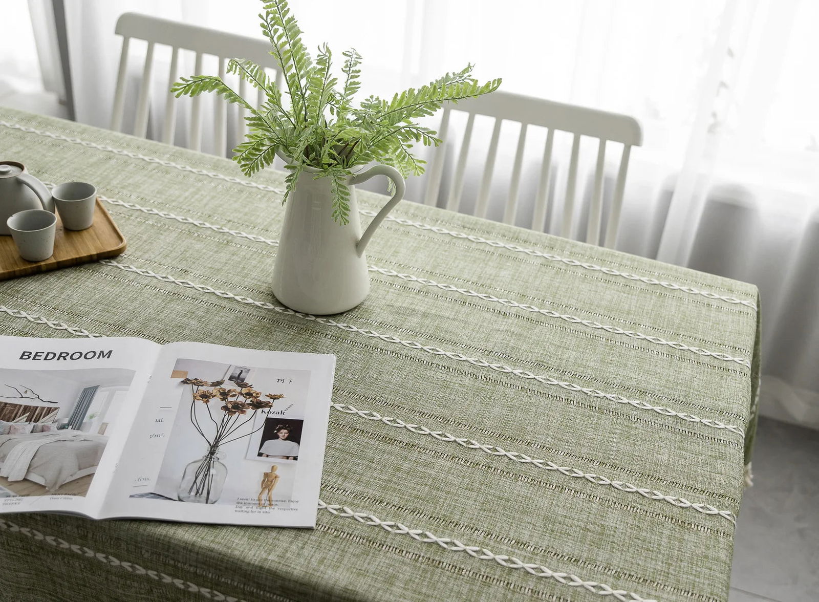 Nappe carrée jacquard vert en coton et lin brodé – Image 10