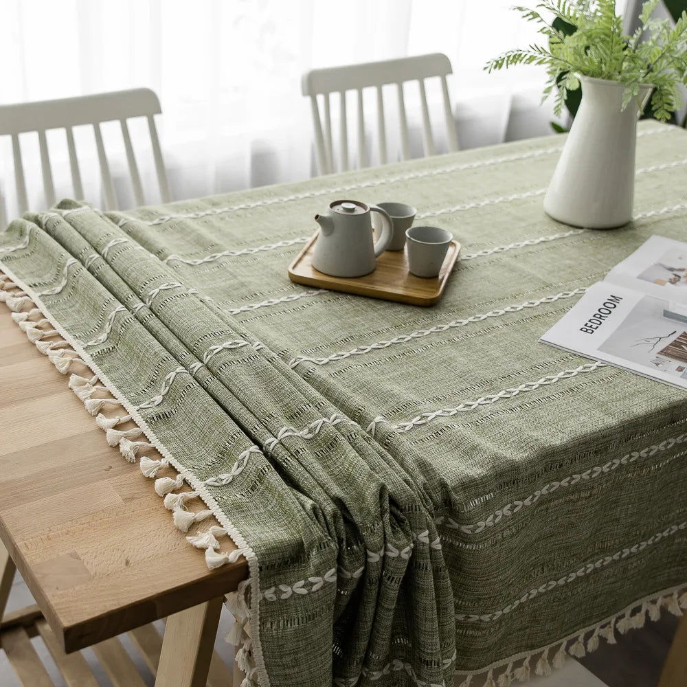 Nappe carrée jacquard vert en coton et lin brodé – Image 11