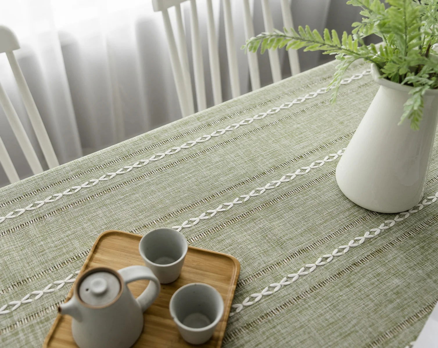 Nappe carrée jacquard vert en coton et lin brodé – Image 12