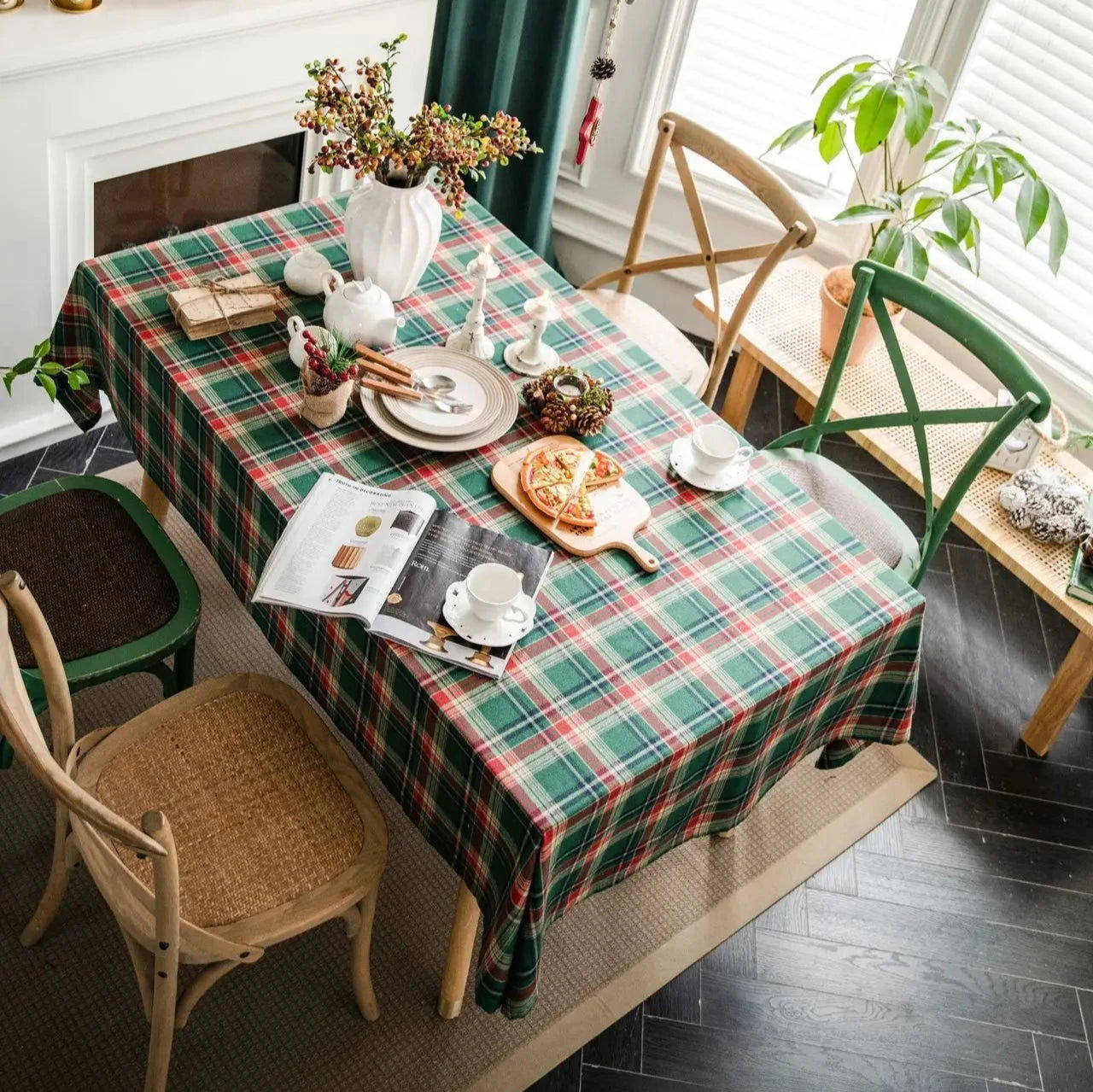 Nappe carrée tartan verte en polycoton – Image 5