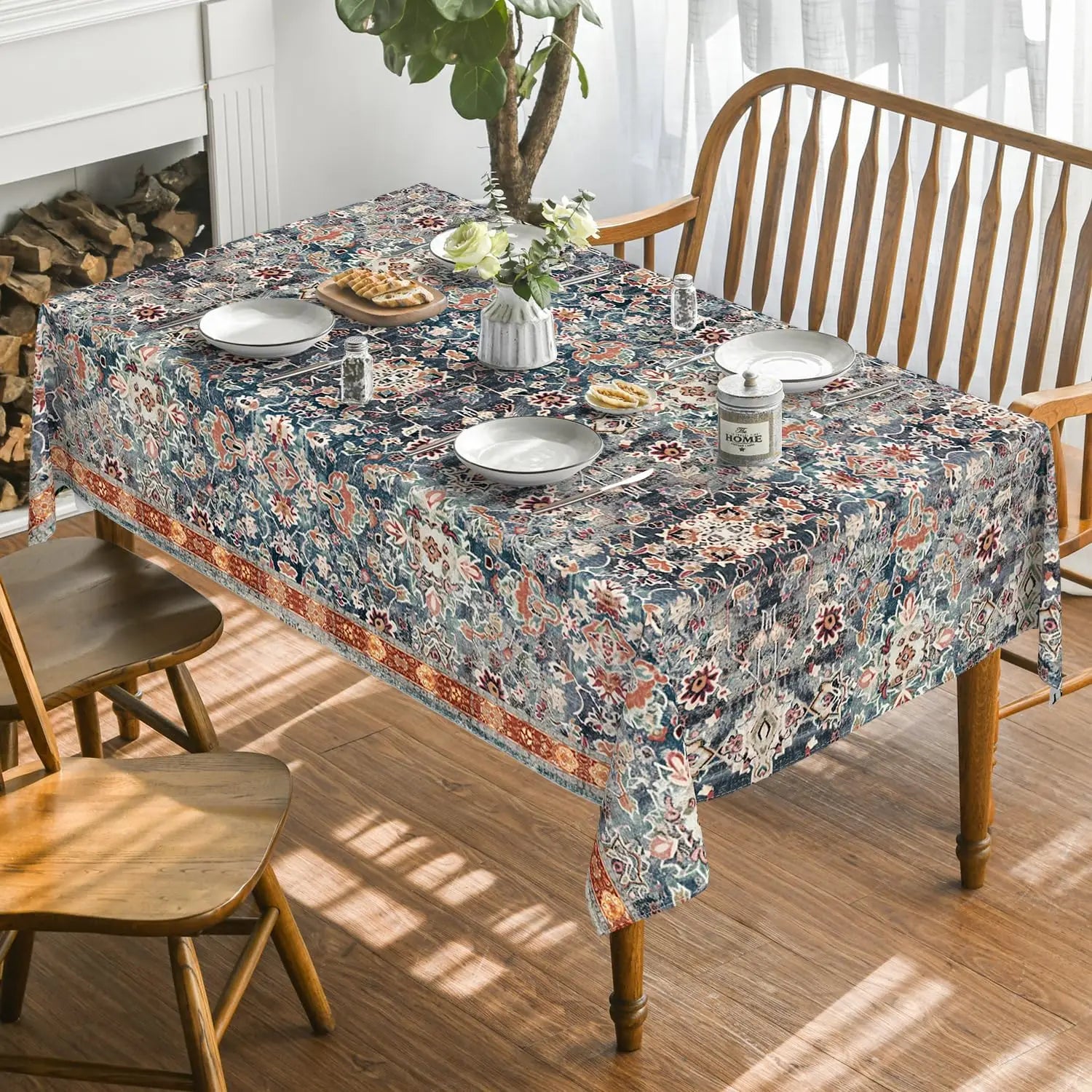 Nappe carrée bohème fleurs vintage antitache en polyester – Image 3