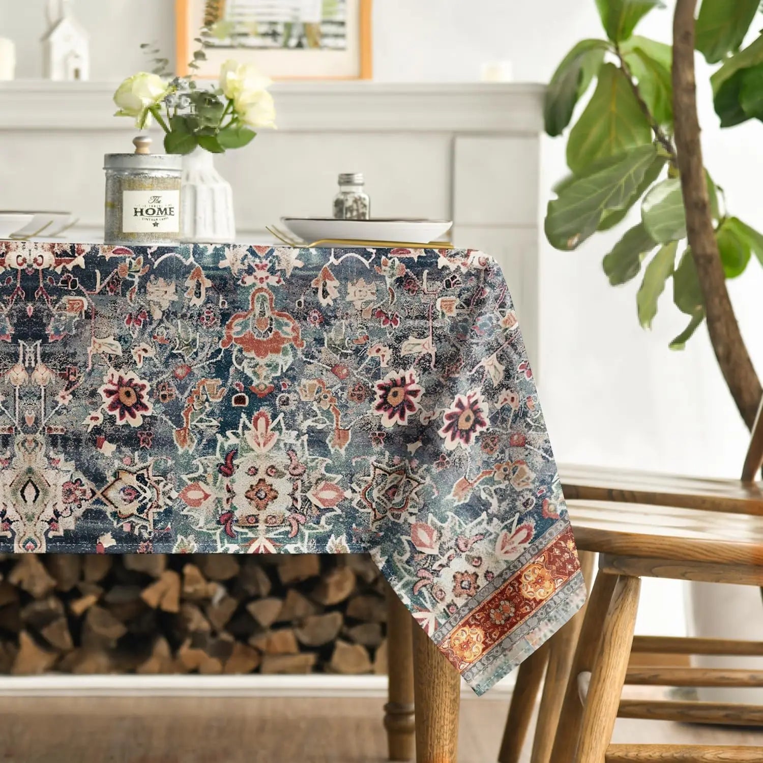 Nappe carrée bohème fleurs vintage antitache en polyester – Image 4