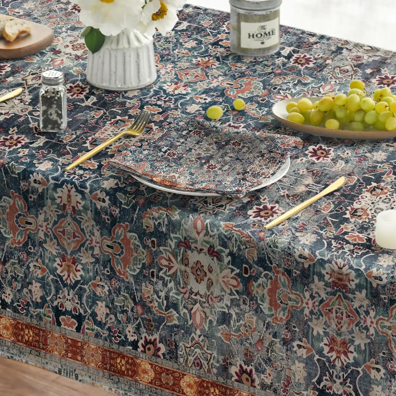 Nappe carrée bohème fleurs vintage antitache en polyester – Image 5