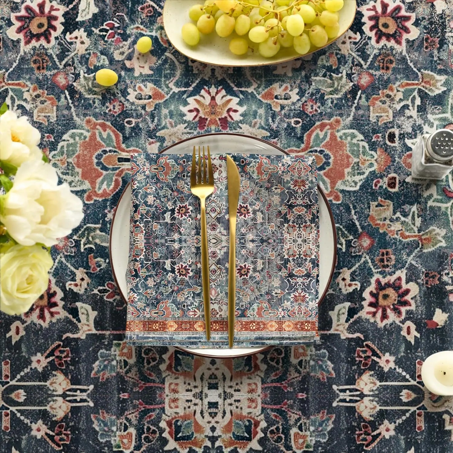 Nappe carrée bohème fleurs vintage antitache en polyester – Image 6