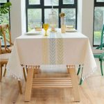 Nappe brodée coton lin motif chevrons de feuilles