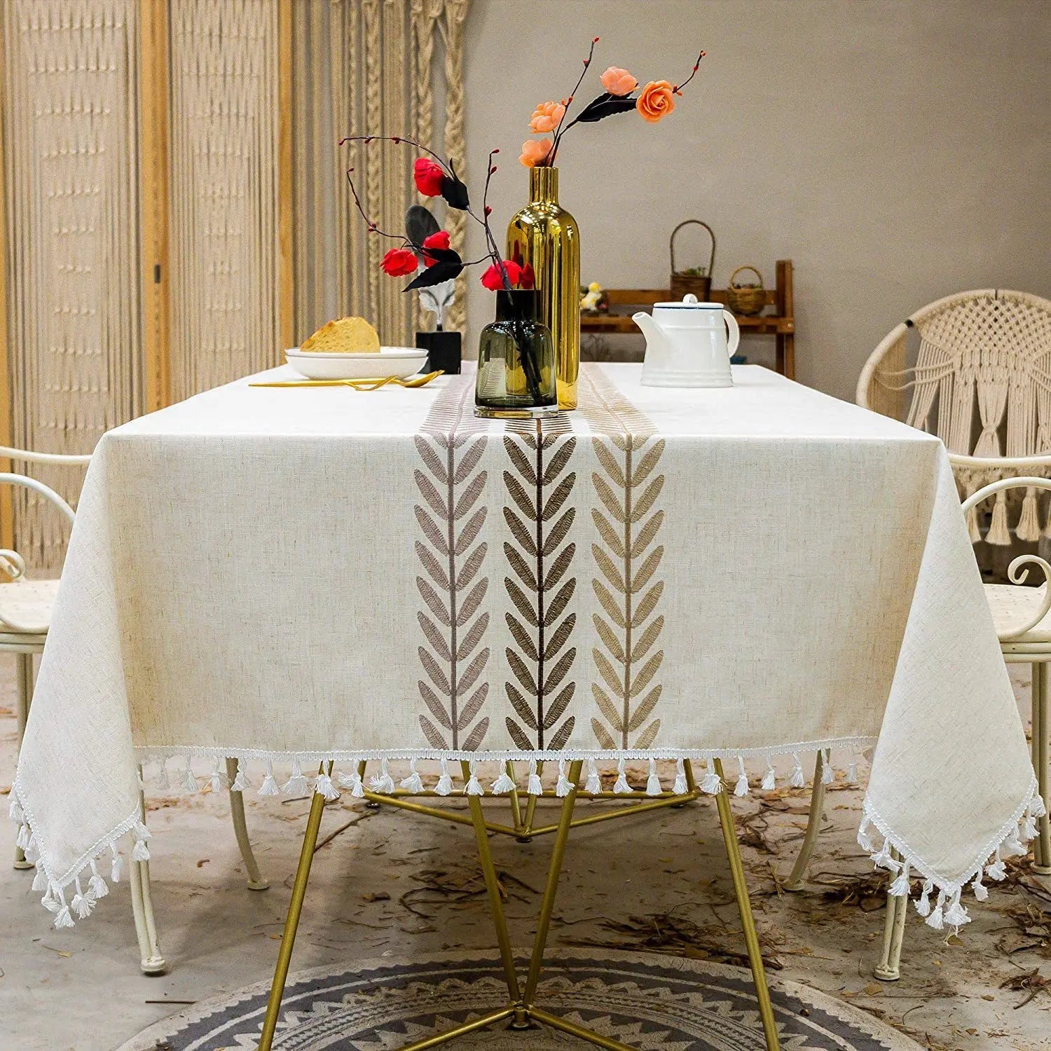 Nappe carrée en coton et lin à motifs feuilles chevronnées – Image 3