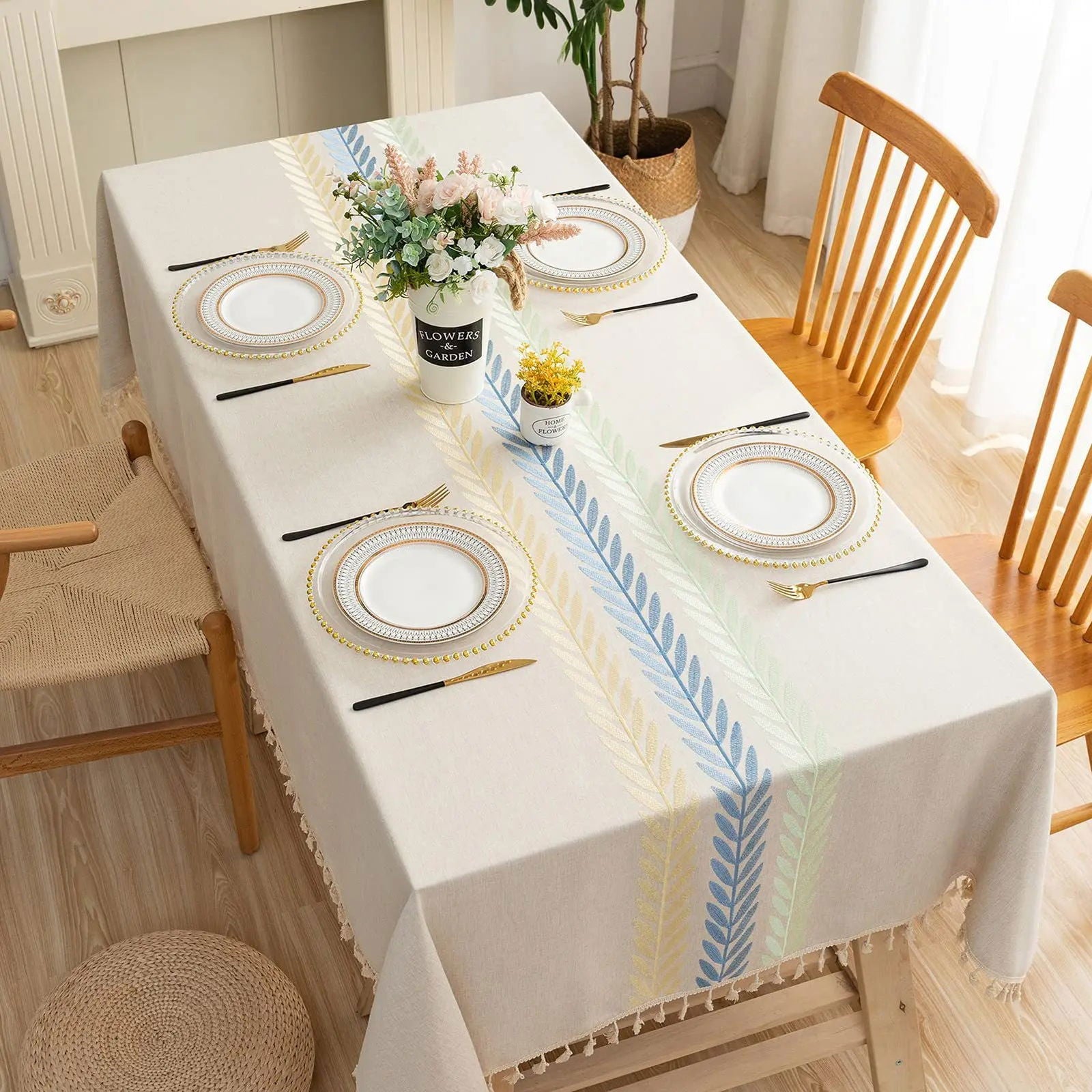 Nappe carrée en coton et lin à motifs feuilles chevronnées – Image 5