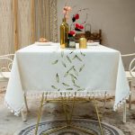 Nappe brodée coton lin motif feuilles