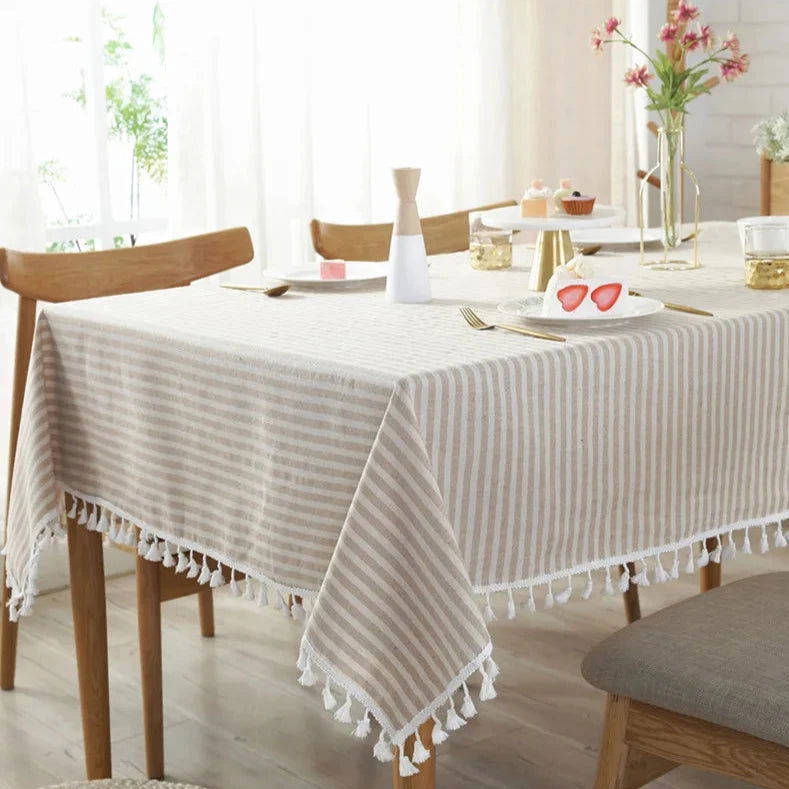 Nappe carrée beige à rayures en coton et lin – Image 4