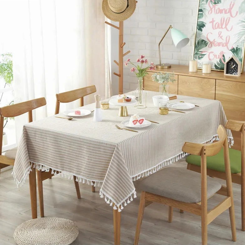 Nappe carrée beige à rayures en coton et lin – Image 5