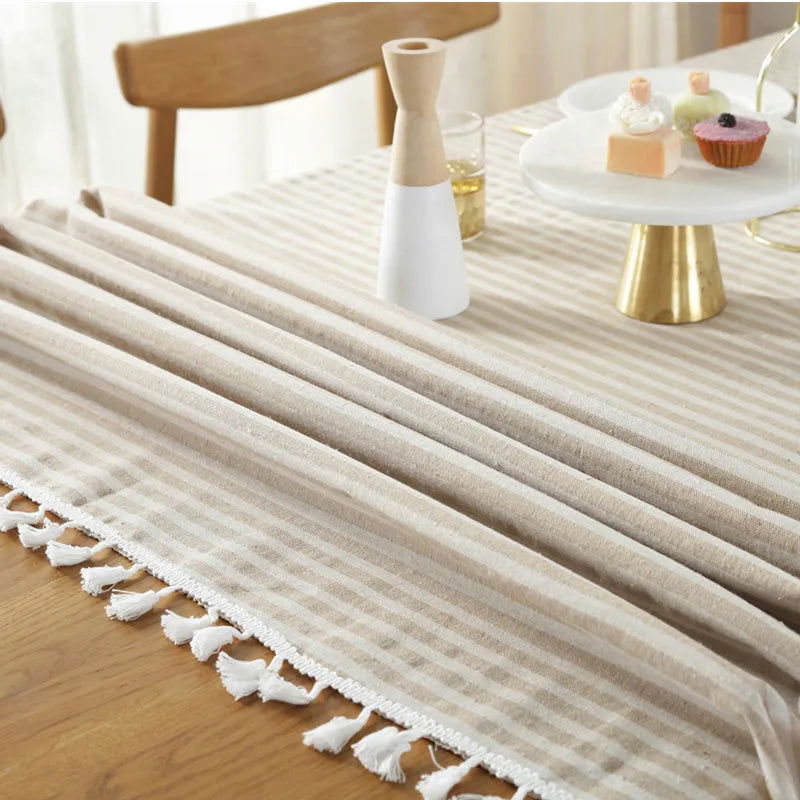 Nappe carrée beige à rayures en coton et lin – Image 7