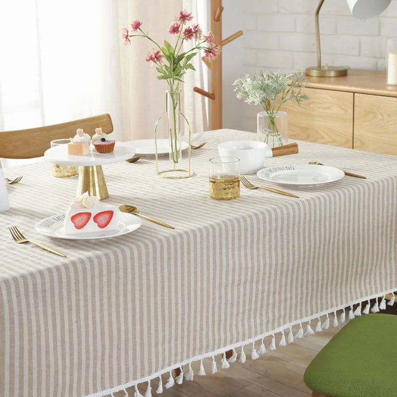 Nappe carrée beige à rayures en coton et lin – Image 8