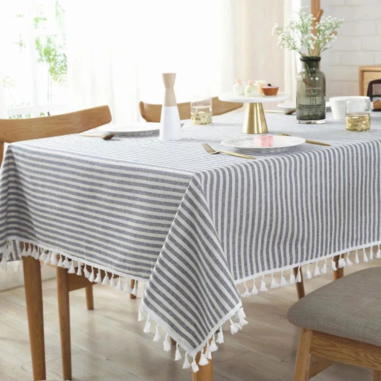 Nappe carrée à rayures en coton et lin bleu – Image 3