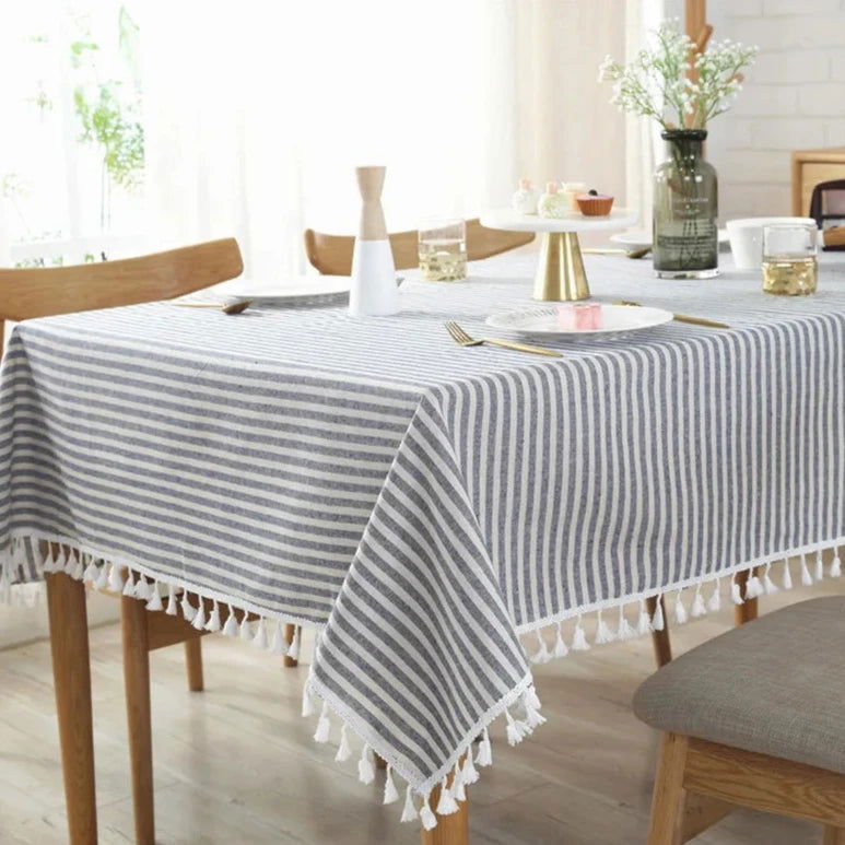 Nappe carrée rayée en coton lin bleu