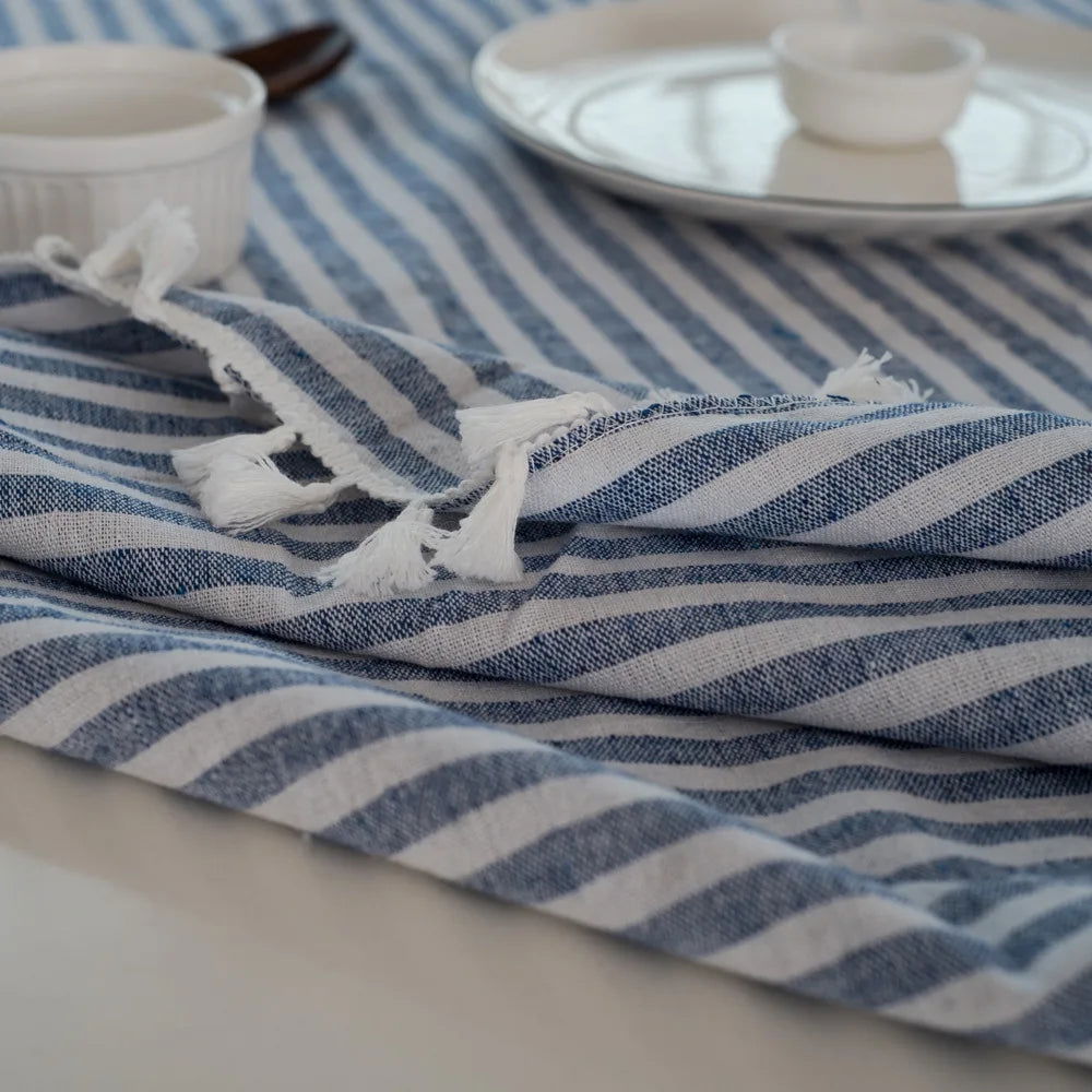 Nappe carrée à rayures en coton et lin bleu – Image 5