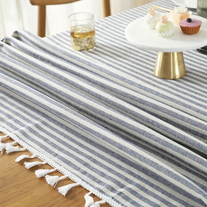 Nappe carrée à rayures en coton et lin bleu – Image 6