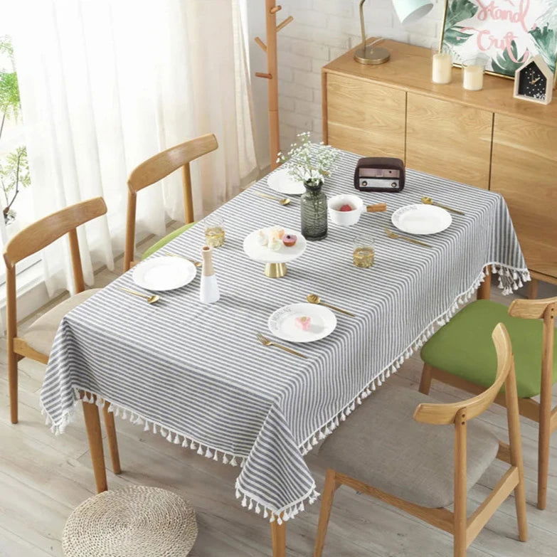 Nappe carrée à rayures en coton et lin bleu – Image 7