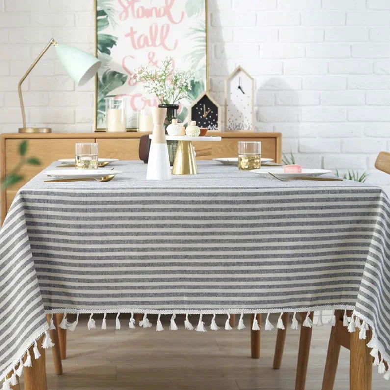 Nappe carrée à rayures en coton et lin bleu – Image 9