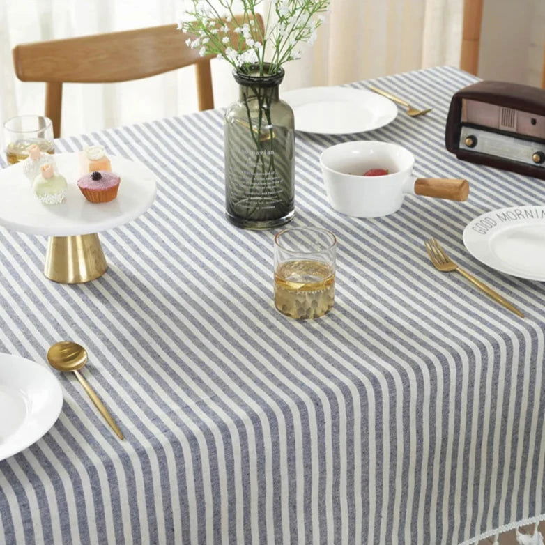 Nappe carrée à rayures en coton et lin bleu – Image 10