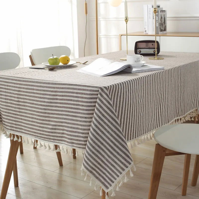 Nappe carrée coton lin à rayures marron – Image 3