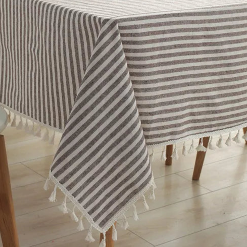 Nappe carrée coton lin à rayures marron – Image 4