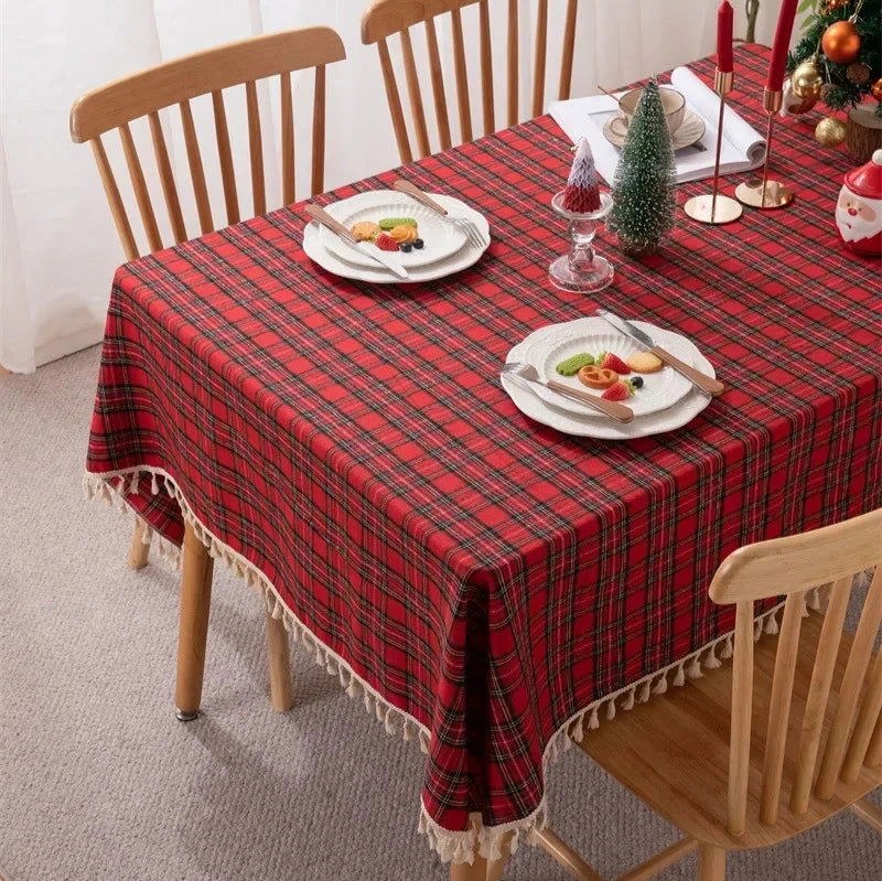 Nappe de Noël en tartan rouge polyester à pampilles