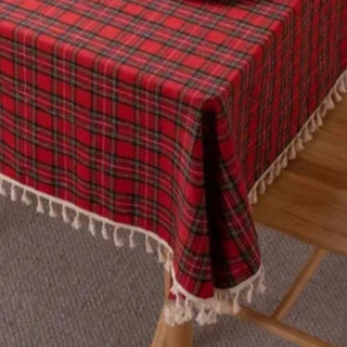 Nappe Carrée festive tartan rouge avec pampilles – Image 8