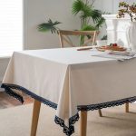 Nappe imprimée en coton lin bordure dentelle blanc