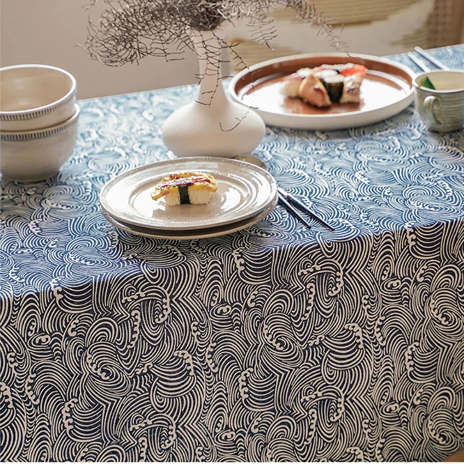 Nappe carrée motif vagues japonaises en coton et lin – Image 4