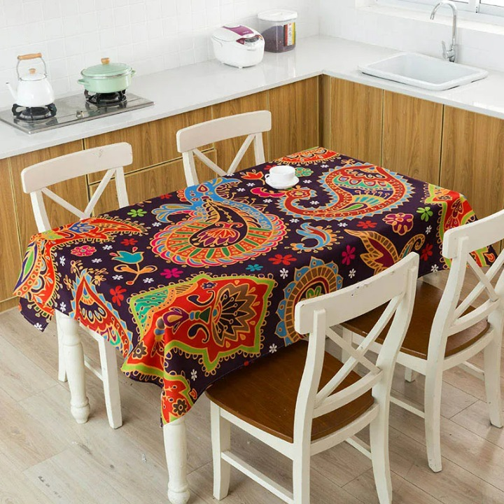 Nappe carrée lin motif Batik Cashemire rouge et bleu – Image 3