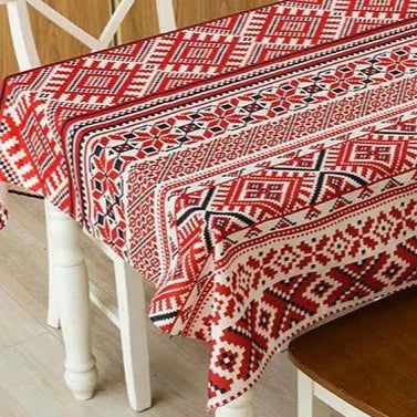 Nappe imprimée en lin motif Batik rouge et noir