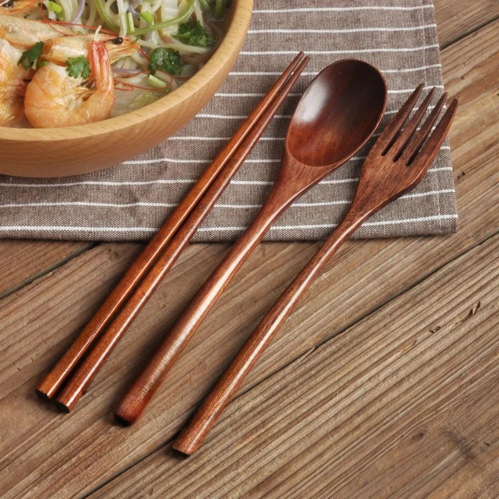 Vaisselle couverts durables en bois - ensemble fourchette, cuillère, baguettes – Image 2