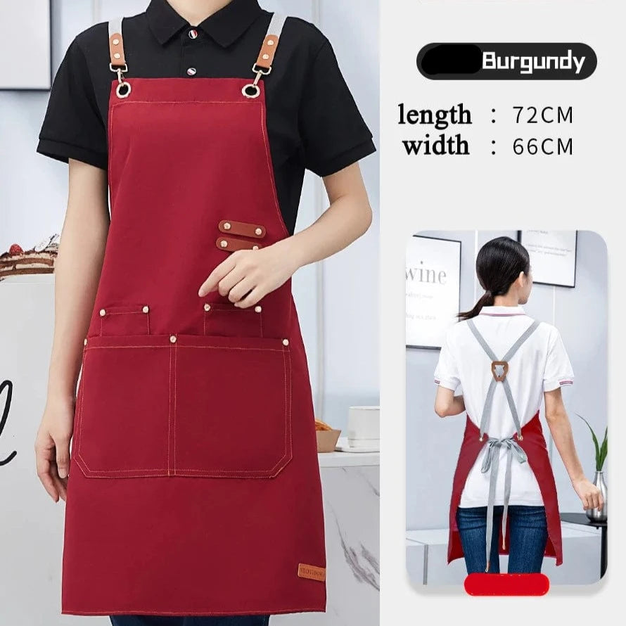 Cross Back Kitchen Apron Waterproof Canvas Chef Apron With Large Pocket and Adjustable Straps For Bubble BBQ Shop Nail Salon Burgundy