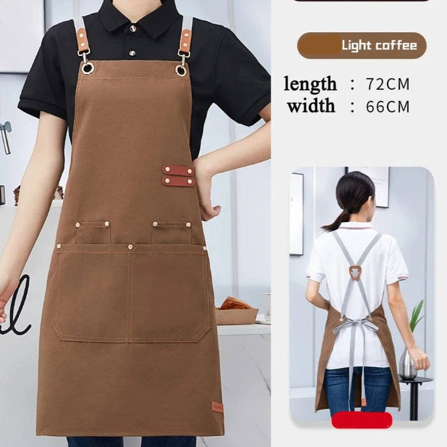 Cross Back Kitchen Apron Waterproof Canvas Chef Apron With Large Pocket and Adjustable Straps For Bubble BBQ Shop Nail Salon Light Coffee
