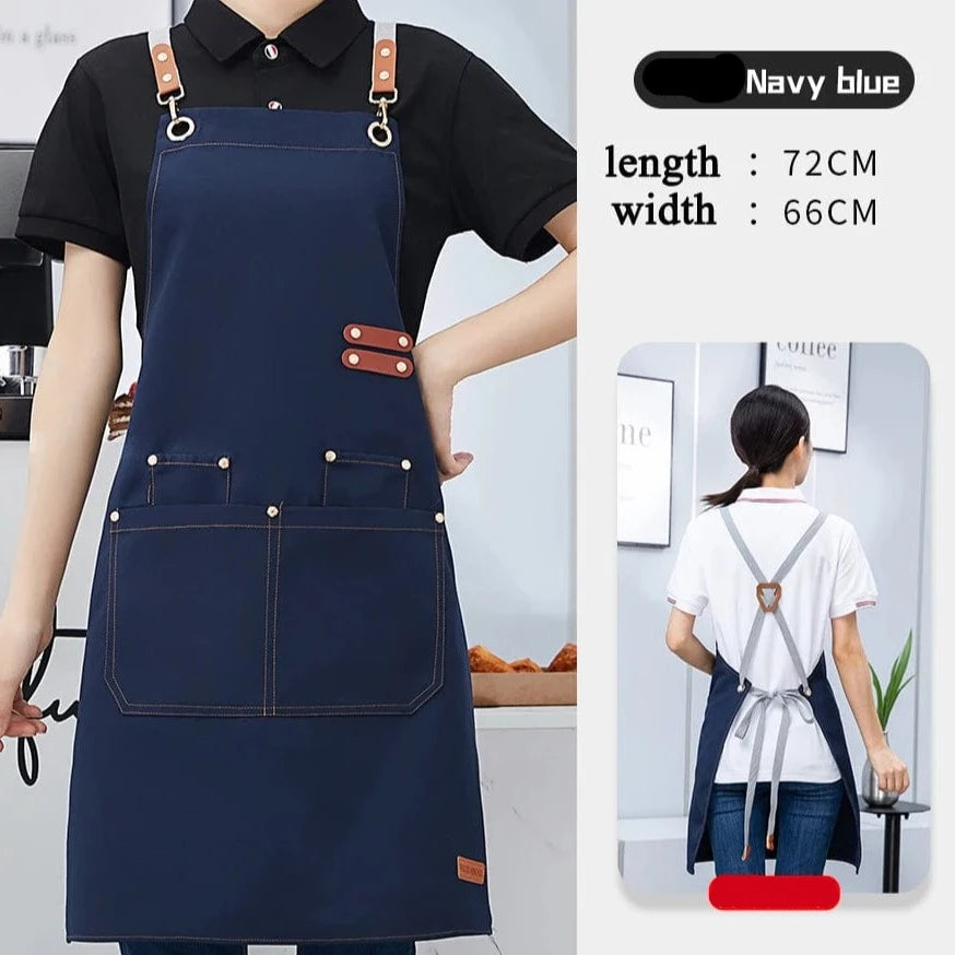 Cross Back Kitchen Apron Waterproof Canvas Chef Apron With Large Pocket and Adjustable Straps For Bubble BBQ Shop Nail Salon Navy Blue