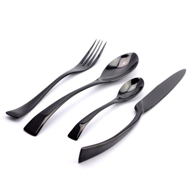 Vaisselle set de couverts noirs 4 pièces effet miroir en acier inoxydable