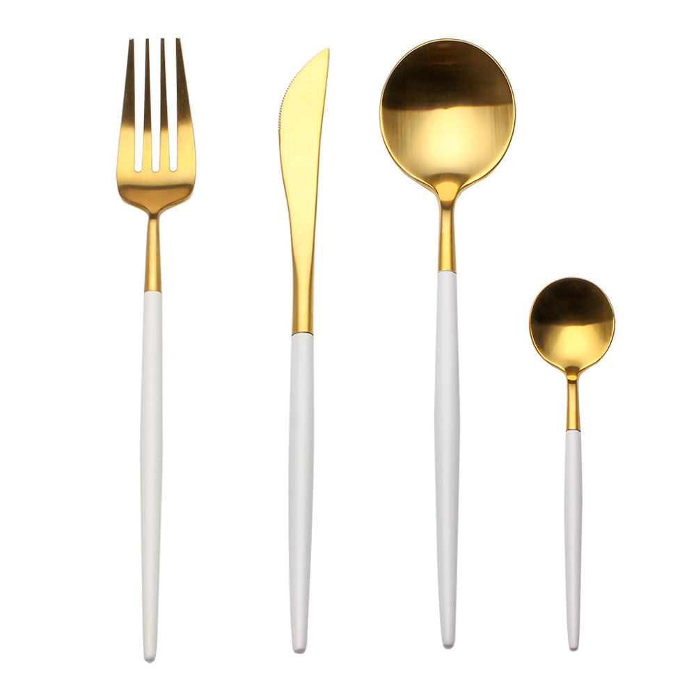 Vaisselle ensemble de quatre couverts blancs et dorés