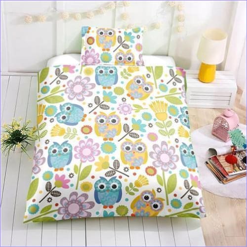 Housse de couette motifs hiboux et florals pour enfants