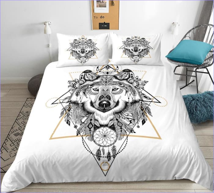 Housse de couette loup avec capteur de rêves blanc